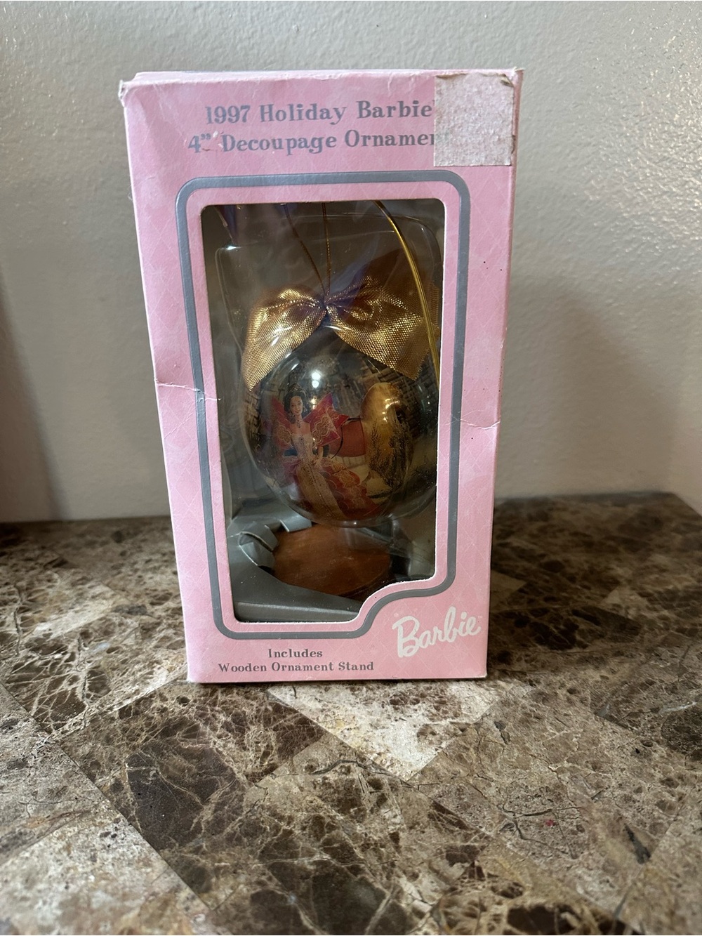 Vintage Barbie 1997 Holiday Barbie 4” Decoupage Ornament With Wood Stand NEW - Picture 2 of 11